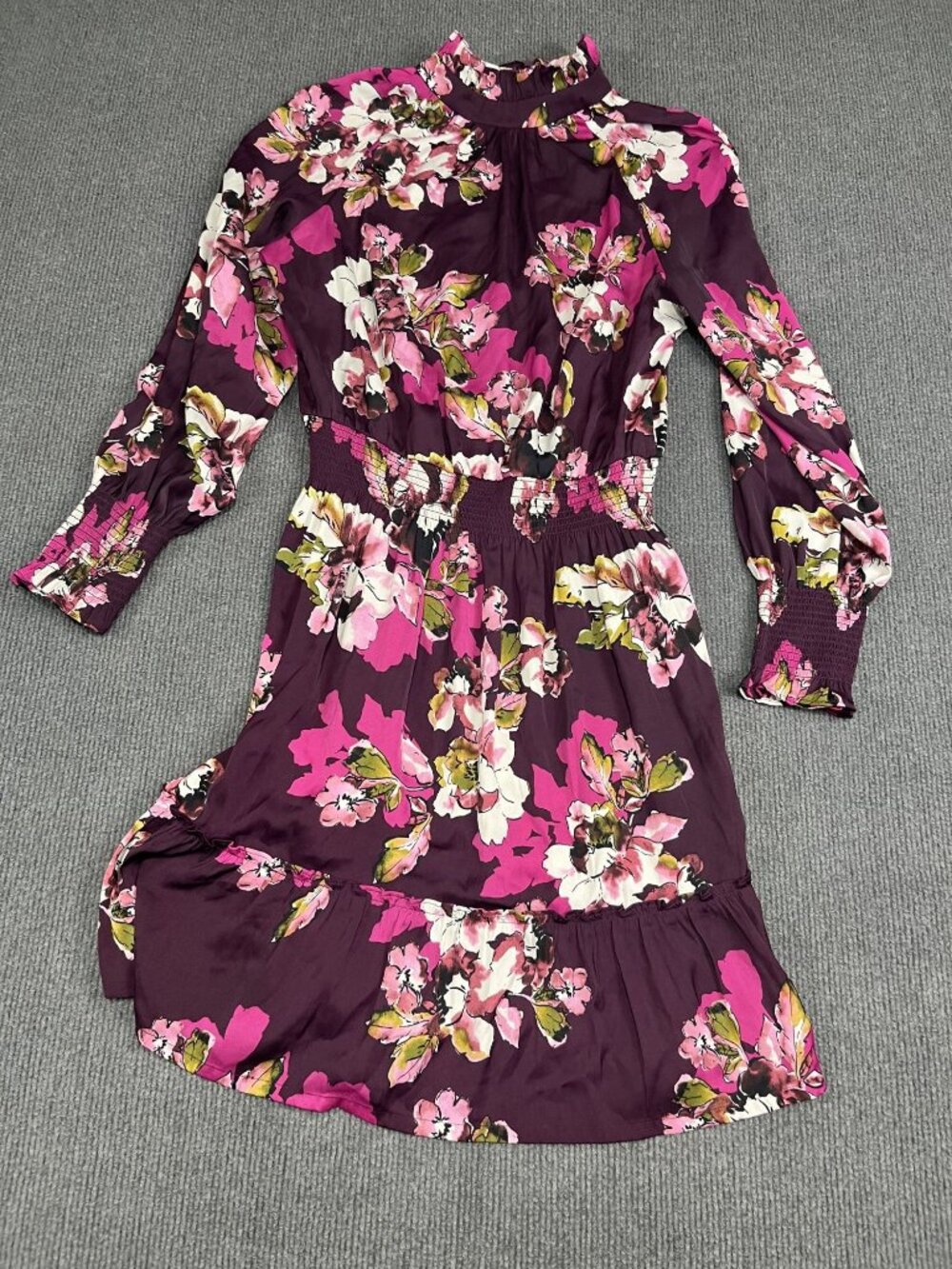 G By Giuliana Floral Dress High Neck Smocked Waist Long Sleeve Burgundy Pink M